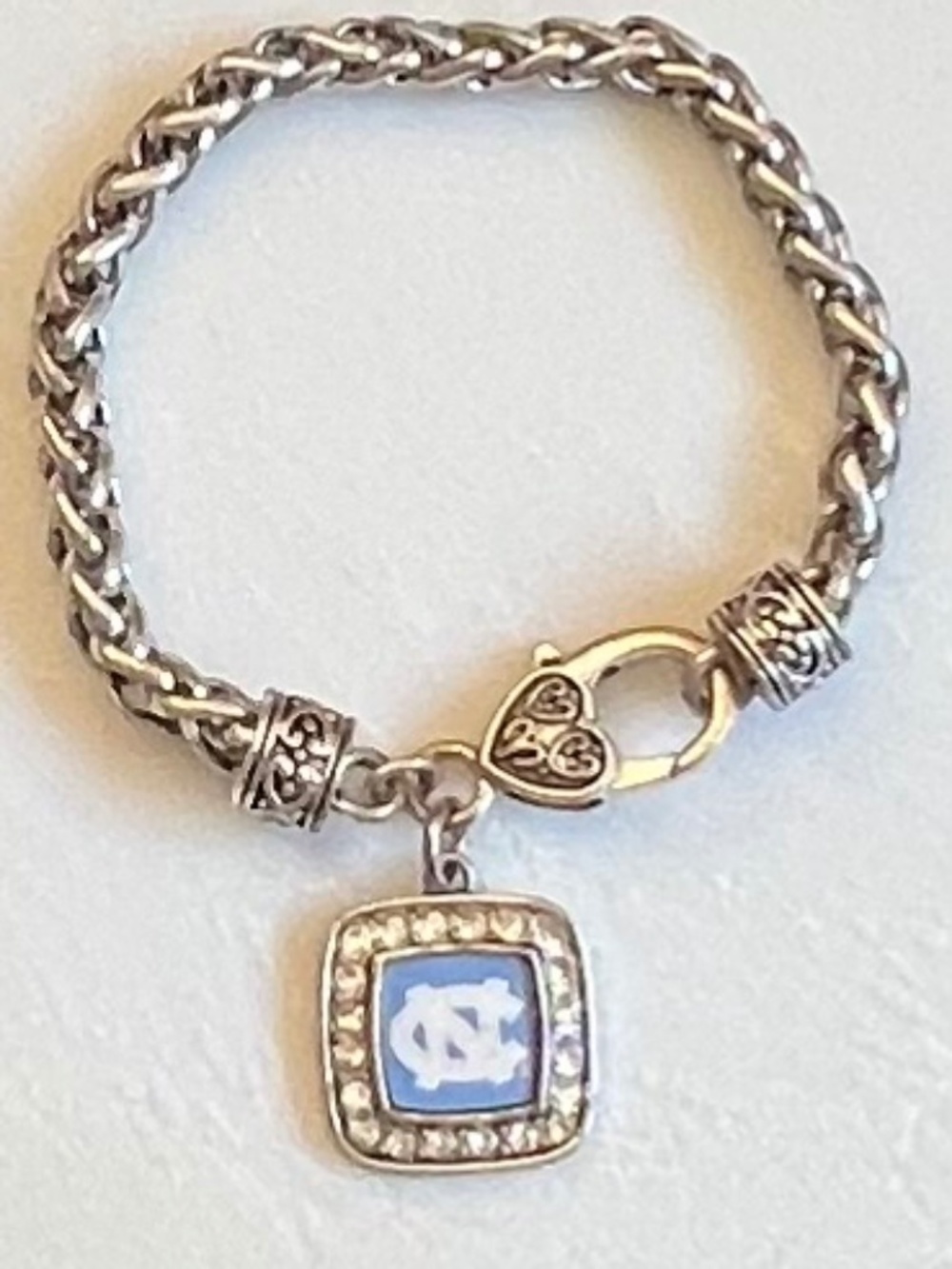 UNC Tar Heels Rhinestone Heart Cushion Charm Sporty Gameday Bracelet Silver Tone
